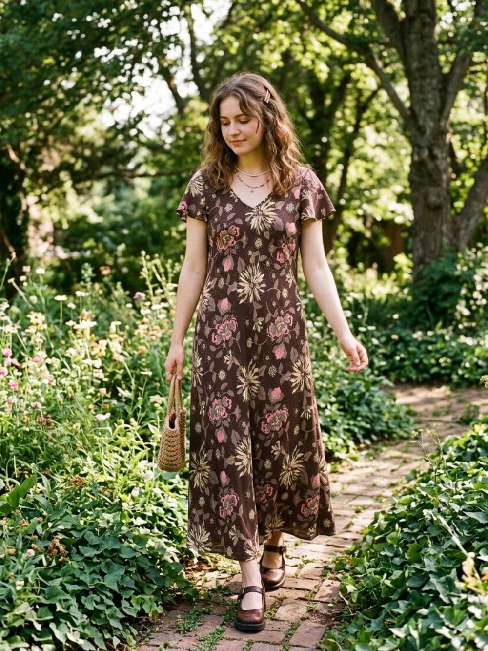 Vintage Y2K croft & barrow Brown Maxi Dress with Pink Floral Print Cottagecore